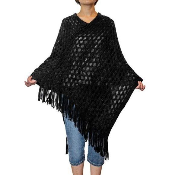 Kimberly Rose Boutique Accessories - Black Honeycomb Knit Poncho with Tassels